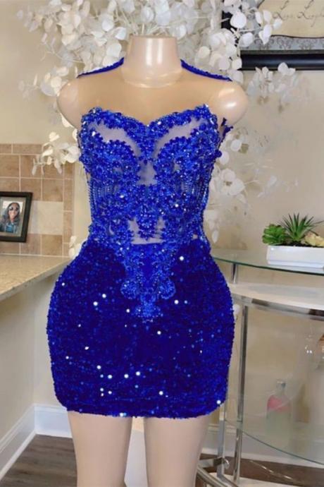 Royal Blue Prom Dresses, Sparkly Sequin Evening Dresses, Short Cocktail Dresses, Robes De Cocktail, Lace Applique Prom Dresses, Homecoming