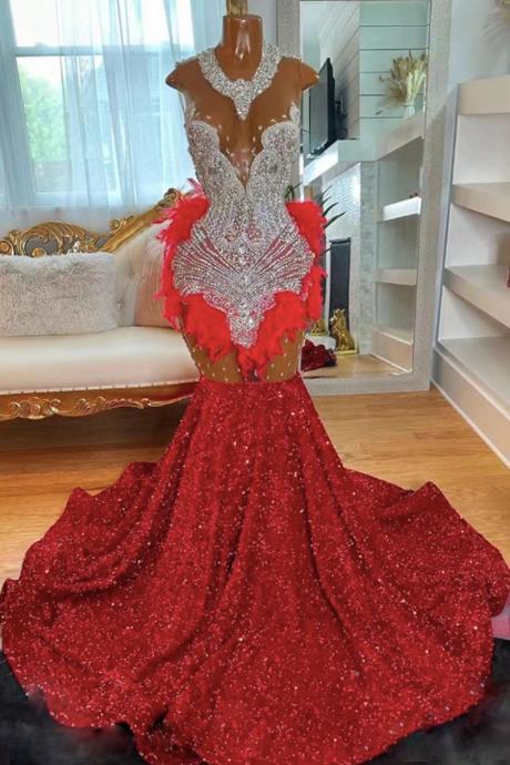 Rhinestone Embellished Prom Dresses, Red Crystals Prom Gown, Mermaid Prom Dresses, Luxury Glitter Evening Dresses, Robes De Soiree, Feather Prom