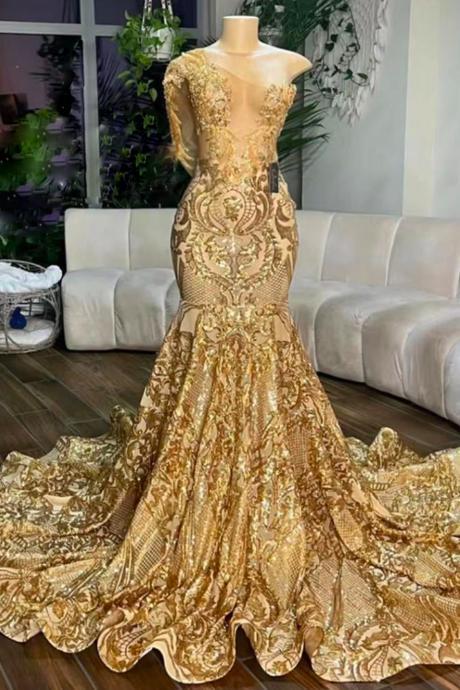 Gold Prom Dresses, One Shoulder Prom Dresses, Vestidos Para Mujer, Sequin Applique Evening Dresses, Formal Occasion Dresses, Elegant Prom Gown,