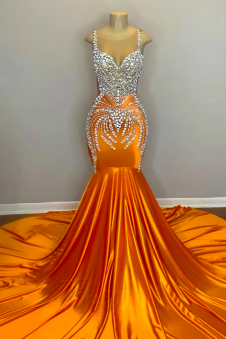 Rhinestones Prom Dresses 2024, Orange Fashion Party Dresses, Sleeveless Formal Occasion Dresses, Mermaid Evening Dress, Illusion Neck Sexy Prom