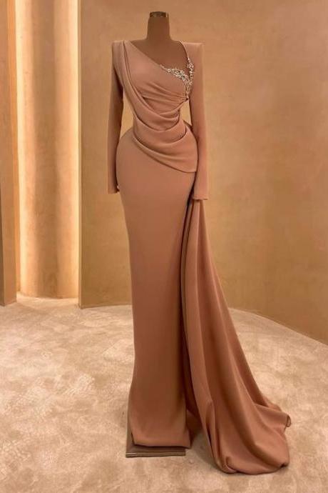 Long Sleeve Modest Prom Dresses, 2024 Prom Dresses, Champagne Prom Dresses, Abendkleider, Dubai Fashion Party Dresses, Elegant Prom Dresses,