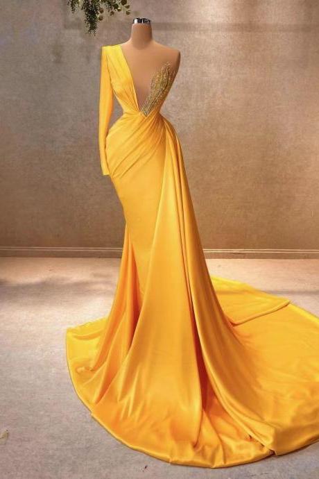 One Shoulder Yellow Prom Dresses, Pleated Prom Dresses, Robes De Soiree Femme, Evening Gown For Women, Abendkleider 2024, Custom Prom Dresses