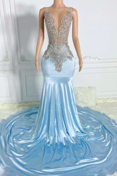 Blue Prom Dresses, Rhinestones Fashion Evening Gown, Luxury Birthday Party Dresses, Prom Dresses For Black Girls, Mermaid Prom Dresses, Diamonds