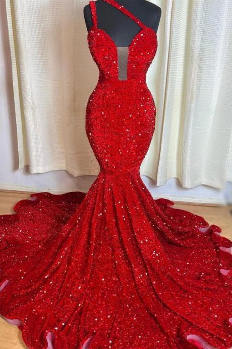 Red Sparkly Prom Dresses, Sequined Formal Wear, Mermaid Prom Dresses, One Shoulder Prom Dresses, Fashion Birthday Party Dresses, Formal Occasion