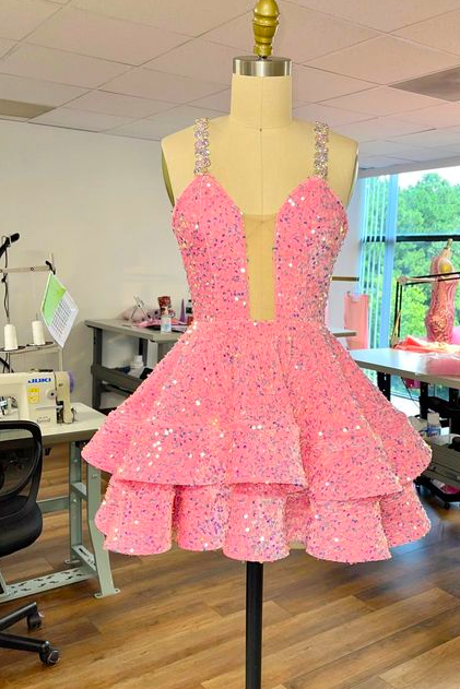 A Line Prom Dresses 2024, Mini Length Prom Dresses, Fashion Birthday Party Dresses, Beaded Prom Dresses 2025, Pink Prom Dresses, Sparkly Prom