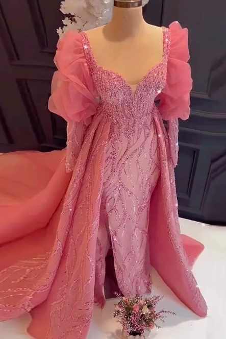 Arabic Prom Dresses, Detachable Train Prom Dresses, Puffy Sleeve Prom Dresses, Beaded Applique Evening Dresses, Rose Pink Prom Gown, Muslim Prom