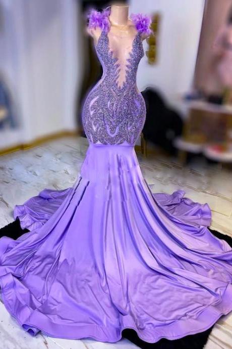Purple Prom Dresses, Crystals Beaded Prom Dresses, Feather Prom Dresses, Mermaid Evening Dresses, Vestidos De Fiesta, Luxury Birthday Party
