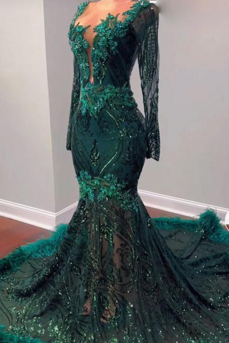 Emerald Green Prom Dresses, Feather Prom Dresses, Long Sleeve Evening Dresses, Modest Evening Gown, Formal Occasion Dresses, Prom Dresses For