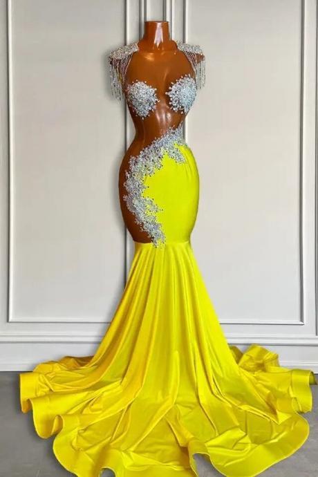 Cap Sleeve Prom Dresses, Beaded Tassels Formal Occasion Dresses, Yellow Prom Dresses For Black Girls, Mermaid Evening Gowns, Beaded Applique Prom
