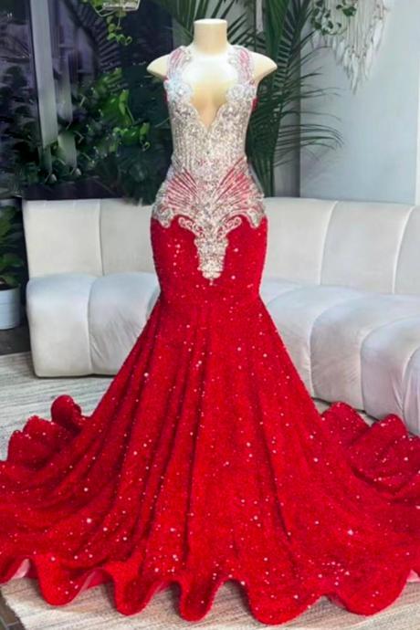 Rhinestone Embellished Prom Gown, Red Sparkly Prom Dresses, Abendkleider, Formal Occasion Dresses, Luxury Diamonds Evening Wear, Sleeveless