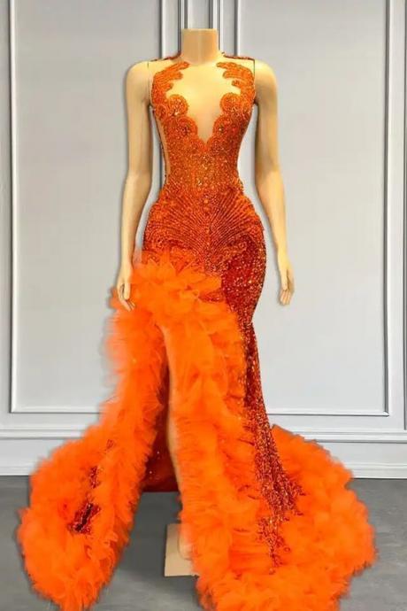 Orange Prom Dresses, Vestidos De Gala, Rhinestone Embellished Prom Gown, 2024 Prom Dresses, Pageant Dresses For Women, Fashion Birthday Party