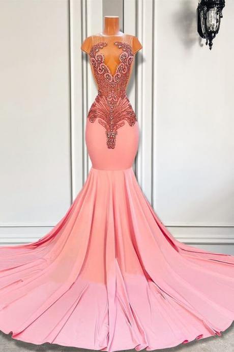 Pink Prom Dresses, Gorgeous Luxury Prom Dresses, Crystals Fashion Party Dresses, Rhinestone Embellished Prom Gown, Vestidos De Gala, Sexy Formal