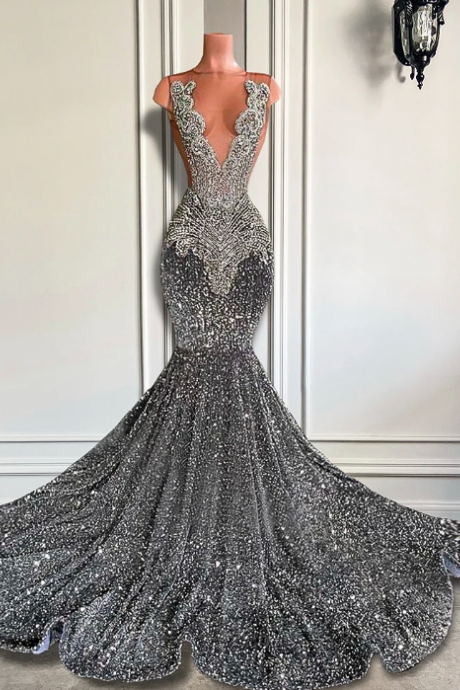 Gray Rhinestones Prom Dresses, Luxury Diamonds Prom Dresses, Vestidos De Fiesta, Elegant Prom Dresses, Custom Prom Dresses, Evening Gown For