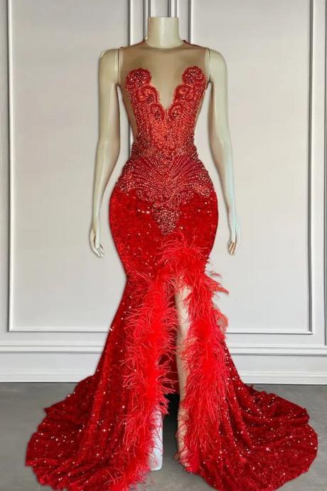 Red Rhinestones Prom Dresses, Luxury Diamonds Birthday Party Dresses, Feather Sexy Formal Occasion Dresses, Custom Prom Dresses For Black Girls,
