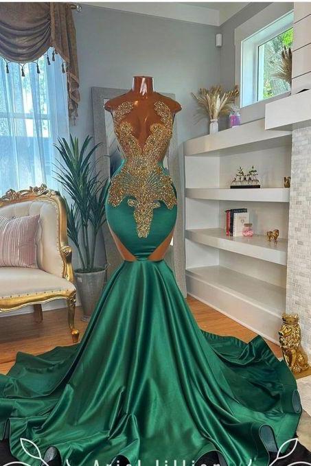 Green Fashion Prom Dresses, Gold Beading Prom Gown For Women, Mermaid Elegant Evening Dresses, Vestidos De Fiesta, Custom Prom Dresses, Diamonds