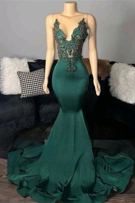 Dark Green Lace Prom Dresses, Formal Dresses, Elegant Evening Dresses, Prom Dresses 2024, Lace Applique Evening Wear, Beading Party Dresses,