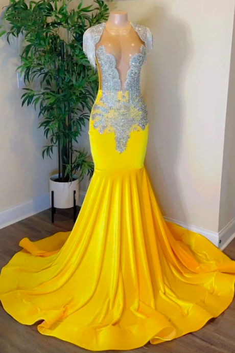 Yellow Tassel Prom Dresses, Rhinestones Diamonds Prom Dresses, Vestidos De Fiesta, Beading Prom Dresses, Elegant Evening Dresses, Robes De Soiree