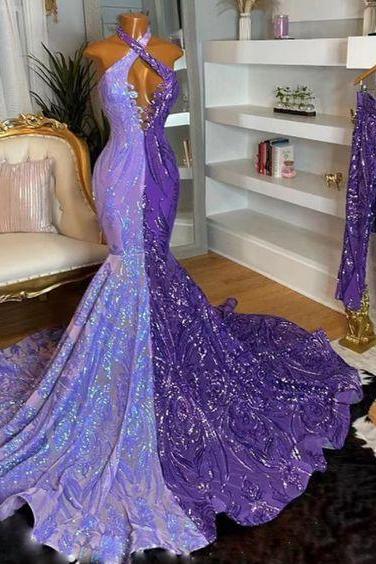 Two Tones Purple Prom Dresses, Sparkly Applique Prom Dresses, Halter Prom Dresses, Mermaid Evening Dresses, Luxury Birthday Party Dresses, Robes
