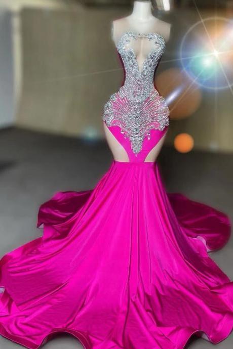 Pink Prom Dresses, Rhinestones Prom Dresses, Luxury Diamonds Birthday Party Dresses, Vestidos De Gala, Sheer Sexy Formal Occasion Dresses,