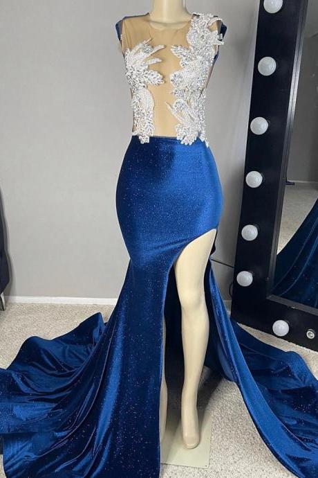 Navy Blue Velvet Prom Dresses, High Quality Elegant Prom Dress, Lace Applique Prom Dresses, Vintage Evening Dresses, O Neck Formal Occasion