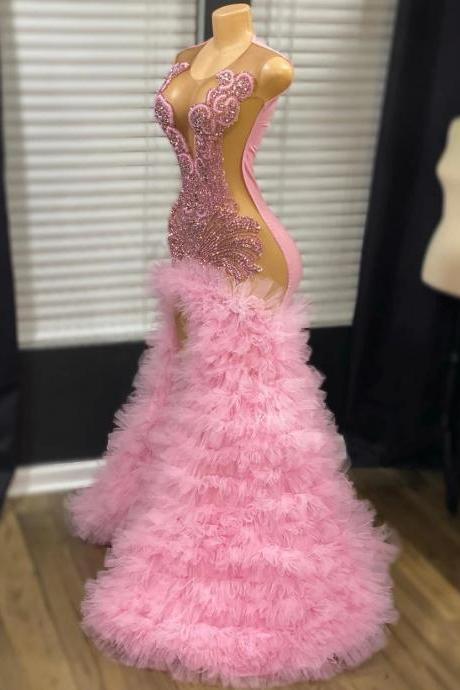 Rhinestone Pink Prom Dresses, Fashion Queen Party Dresses, Tiered Prom Dresses, Diamonds Evening Dresses, Vestidos De Gala, Formal Occasion