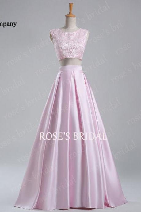Pink Two Piece Prom Dresses, Beaded Prom Dress, Satin Prom Dress, 2 Piece Prom Dresses, A Line Prom Dress, Long Prom Dress, Elegant Prom Dress, Formal Dresses 2016, Cheap Prom Dress, Evening Gowns
