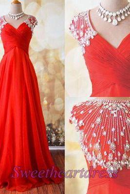 Cap Sleeve Prom Dress, Elegant Prom Dress, Red Prom Dress, Chiffon Prom Dress, Luxury Prom Dress, Long Prom Dress, Sparkly Prom Dress, Prom