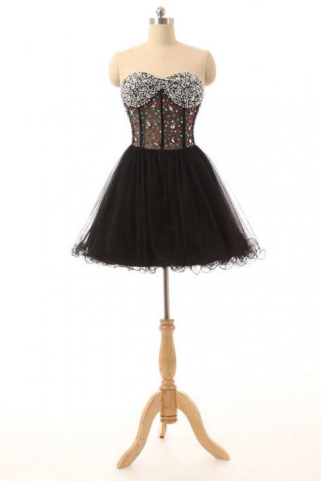 Sparkly Homecoming Dress, Black Homecoming Dress, Short Homecoming Dress, Sexy Homecoming Dress, See Through Homecoming Dress, Cocktail Party Dress, Puffy Prom Dress, Rhinestones Party Dresses