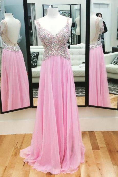 Spaghetti Strap Prom Dress, Pink Prom Dress, V Neck Prom Dresses, Elegant Prom Dress, Rhinestones Prom Dress, Floor Length Prom Dress, Chiffon