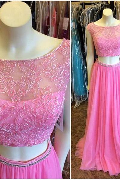 Pink Prom Dress, Lace Prom Dress, Cap Sleeve Prom Dress, Chiffon Prom Dress, 2016 Prom Dresses, 2 Piece Prom Dress, Beading Prom Dress, Vestido De Festa, Formal Prom Gown
