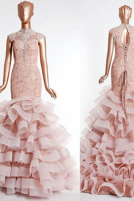 Pink Lace Evening Dress, Tiered Evening Dress, Rhinestones Mermaid Evening Dress, Cap Sleeve Evening Dress, Gorgeous Evening Dress, Elegant