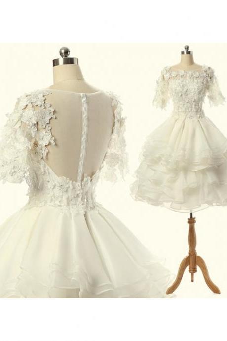 Half Sleeve Wedding Dress, 3D Flowers Wedding Dress, Short Wedding Dress, Two Layers Wedding Dress, Cheap Wedding Dress, Bridal Dresses 2016
