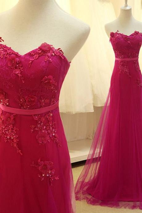 A Line Prom Dress, Tulle Prom Dress, Lace Flowers Prom Dress, Fuchsia Prom Dress, Beaded Prom Dress, Elegant Prom Dresses 2016