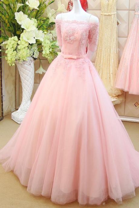 Half Sleeve Prom Dresses, Blush Pink Prom Dress, Elegant Prom Dress, Lace Prom Dress, A Line Prom Dress, Prom Dresses 2016, Tulle Prom Dress, Prom Dresses 2017