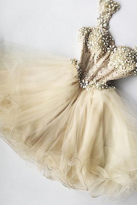 Champagne Party Dresses, Short Party Dresses, Crystals Party Dresses, Beaded Party Dresses, Shinning Party Dresses, Cocktail Party Dresses, Cheap Homecoming Dress, Luxury Prom Dress