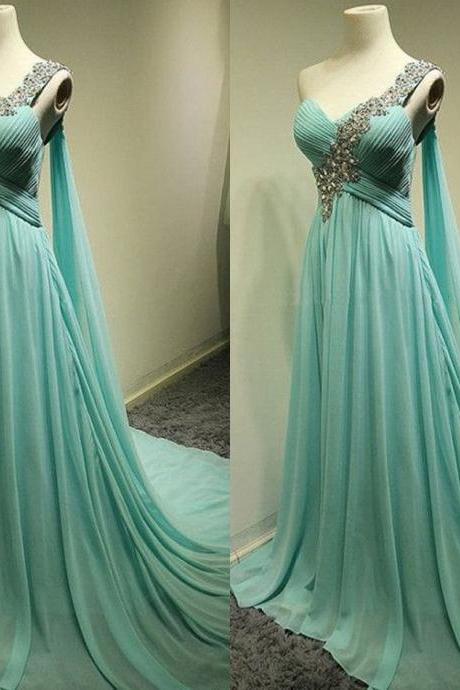 Turquoise Blue Prom Dress, One Shoulder Prom Dress, Beading Prom Dress, Long Prom Dress, Elegant Prom Dress, Chiffon Prom Dress, A Line Prom Dress, 2017 Prom Dresses