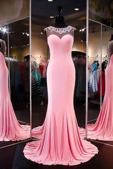 Pink Evening Dress, Crystals Evening Dress, Sexy Evening Dress, Sheer Back Evening Dress, Long Evening Dress, Beaded Evening Dress, Formal Dresses Cheap