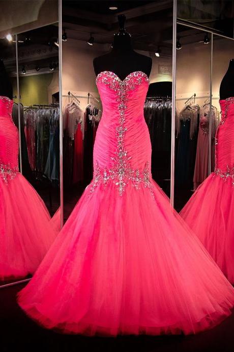 Mermaid Evening Dress, Tulle Evening Dress, Pink Evening Dress, Beaded Evening Dress, Evening Dress, Long Evening Dress, Formal Party Dresses,