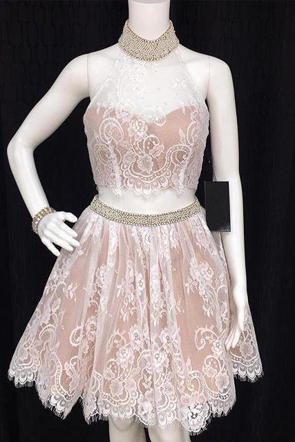 2 Piece Prom Dresses, Short Homecoming Dress, Lace Homecoming Dress, Champagne Homecoming Dress, High Neck Homecoming Dress, 2023 Prom Dresses, Beaded Homecoming Dress, Cocktail Party Dresses, Homecoming Dresses 2022