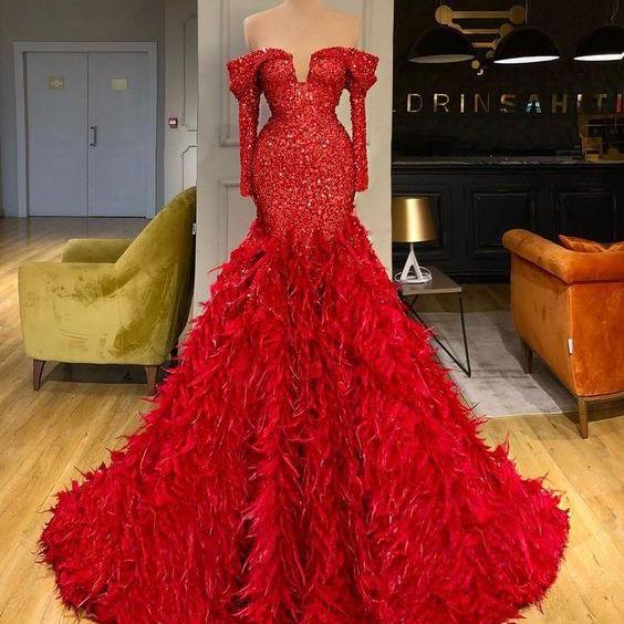 Red Evening Dress, 2023 Evening Dress, Feather Evening Dresses, Luxury  Evening Dress, Sparkly Evenin on Luulla