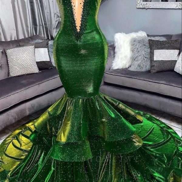 Green Party Dresses, Robes De Cocktail, Fashion Prom Dresses, Beaded Prom Dress, Sheer O Neck Prom Dresses, Vestidos De Fiesta, Elegant Prom Dresses, Sparkly Prom Dresses, Tiered Prom Dress, Black Girls Formal Occasion Dresses