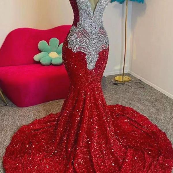 Red Prom Dresses, Crystals Prom Dresses, Elegant Second Reception Dresses, Luxury Birthday Party Dresses, Sparkly Evening Gown Dresses, Plus Size Prom Dresses for Black Girls, Vestidos De Fiesta