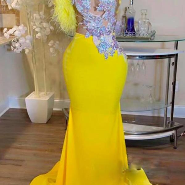 Yellow Prom Dresses, One Shoulder Prom Dresses, Vestidos De Fiesta, Evening Dresses for Black Girls, Feather Evening Gown, Mermaid Prom Dresses, Fashion Party Dresses, Abendkleider, Formal Occasion Dresses 