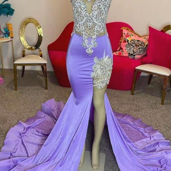 High Neck Prom Dresses, Lavender Purple Prom Dresses, Robes De Soiree, Lace Applique Evening Dresses, Sexy Formal Party Dresses, Luxury Birthday Party Dresses, Elegant Prom Dresses for Graduation Dress