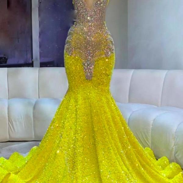 Rhinestone Embellished Prom Dress, Luxury Birthday Party Dresses, Sparkly Prom Dresses, Yellow Prom Dresses, Custom Prom Dresses for Black Girls, Fashion Formal Gown, Robes De Soiree