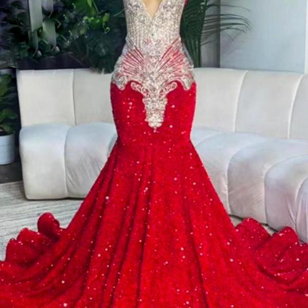 Rhinestone Embellished Prom Gown, Red Sparkly Prom Dresses, Abendkleider, Formal Occasion Dresses, Luxury Diamonds Evening Wear, Sleeveless Evening Gown
