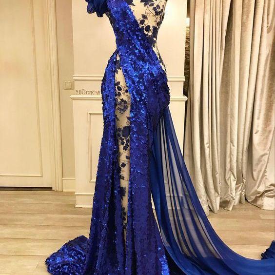 Royal Blue Prom Dresses, Vestidos De Fiesta, Sparkly Sequin Prom Dresses, Robes De Soiree, 3D Floral Prom Dresses, Elegant Evening Dresses, Formal Occasion Dresses, Custom Prom Dresses 