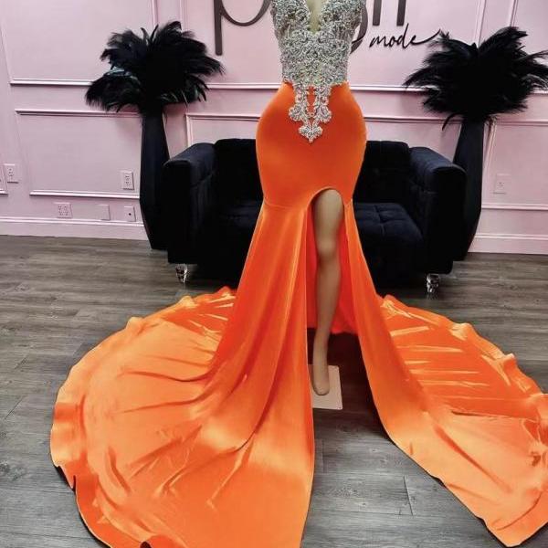 Orange Prom Dresses, BeadIng Lace Applique Prom Dresses, Vestidos De Gala, Elegant Prom Dresses, Custom Prom Gown, Fashion Party Dresses, Sexy Prom Dresses, Evening Gown for Women