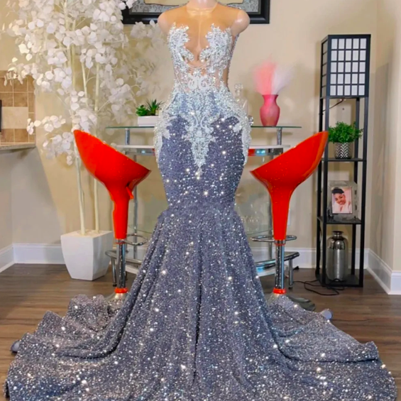 Sparkly Prom Dresses, Silver Gray Prom Dresses, Lace Applique Evening Gown, Sleeveless Formal Dresses, Custom Prom Dresses, Evening Dresses for Women, Elegant Mermaid Party Dresses