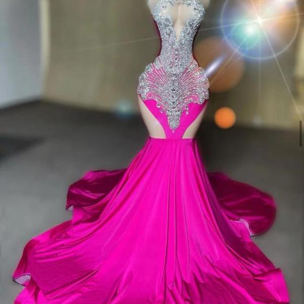 Hot Pink Prom Dresses, Rhinestones Prom Dresses, Luxury Diamonds Birthday Party Dresses, Vestidos De Gala, Sheer Sexy Formal Occasion Dresses, Vestidos De Fiesta, Modest Evening Gown